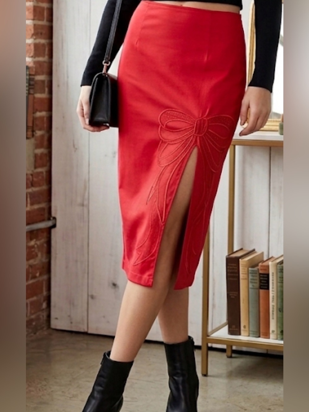 Anthropologie Maeve Red Bow Midi Pencil Skirt Embroidered Side Slit Size XS